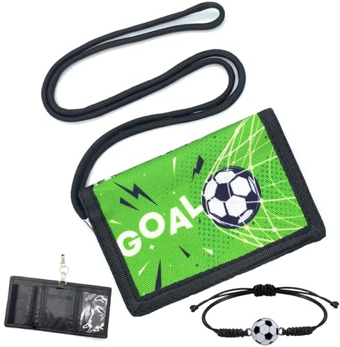 SwirlColor Kinder Geldbörsen für Jungen, Neuheit Fußball Hals Tasche Kinder Geldbörse mit Fußball Armband Dreifach mit Münze Pocket Card Halter Lanyard Geschenke