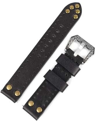 PUCHEN Vintage-Uhrenarmband aus echtem Leder, handgefertigt, 18 mm, 20 mm, 22 mm, 24 mm, Nietenarmband, geschnitzte Schnalle,Schwarz,22mm