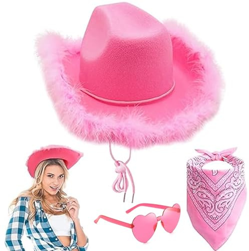 AWAVM 3 st rosa cowboyhatt med bandana scarf och hjärtformade solglasögonset för kvinnor män halloween födelsedag cosplay fest, Rosa, one size