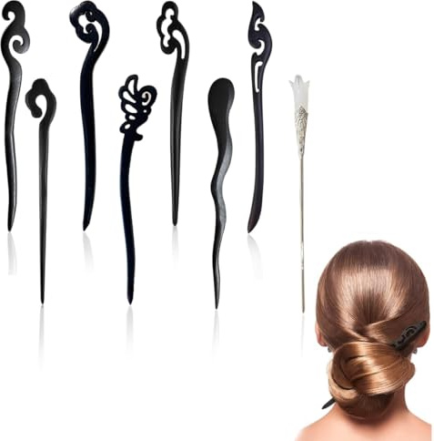 AORVYUI 8PCS Rétro Bois Baguettes Cheveux, Support Cheveux Bambou, Épingle à Cheveux Bois pour Chignons Cheveux Longs