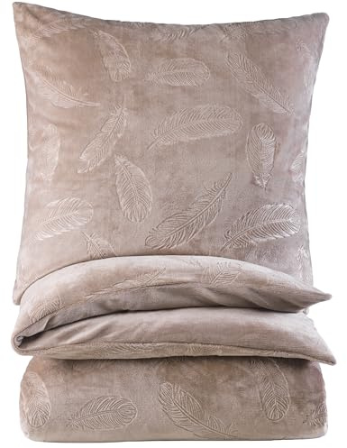 BaSaTex Winter Plüsch Bettwäsche Set, 155x220 cm, Federn Taupe | Warm und Kuschelig, Öko_Tex Zertifiziert, Reißverschluss, Flauschig Anschmiegsam, Feuchtigkeitsregulierend
