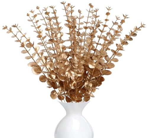 RXKFIGX 24 PCS Artificial Plants Eucalyptus Decoration, Gold Flowers, Natural Eucalyptus Dried Flowers, Eucalyptu Leaves, Dried Eucalyptu Artificial Plant Branches for Bouquet,Wedding Parties, Party
