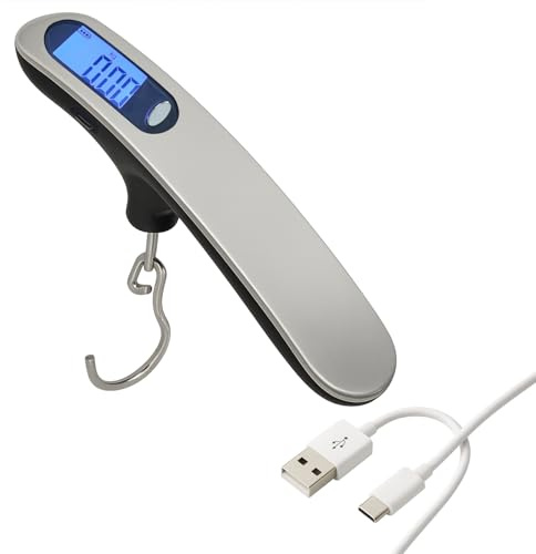 Luggage Scale, (Type-C) Rechargeable Suitcase Weighing Scales, 110 lb/ 50kg Portable Lightweigh Suitcase Scales, Luggage Weight Scale with Backlit with Tare Function Lightweigh for Travel（Silver）