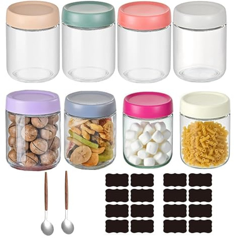 Toowood Lot de 8 contenants pour overnight oats avec couvercles - Pots Mason à large ouverture de 500 ml (16 oz) - Pots réutilisables en verre avec couvercle et cuillère pour yaourt et fruits