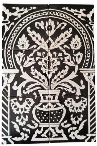 Handbemalte Fliesen Schwarz Weiß – Art Deco Fliesenbild 30x45 cm Azulejo | Handbemalt, Orientlisches Design, Hitzebeständig, Robust.