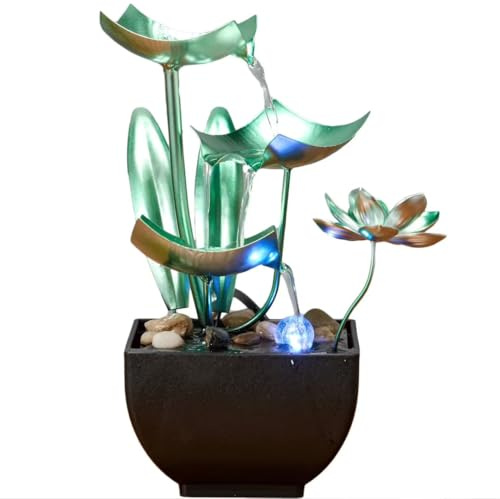 Tabletop Water Fountain: 3-Tier Tabletop Fountain Lotus Desk Relaxation Home Decor - Blooms and Leaves Flowing Water for Relaxing Décor Green