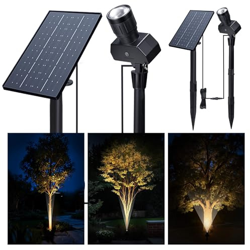 Varmtalys Solar Spot Lights Outdoor, Adjustable Angle Waterproof Landscape Spotlight, All Night LED Uplights Separate Panel, Warm & Daylight Selectable (3000k/4500k/6500k) for Tree Yard Garden 2 Pack