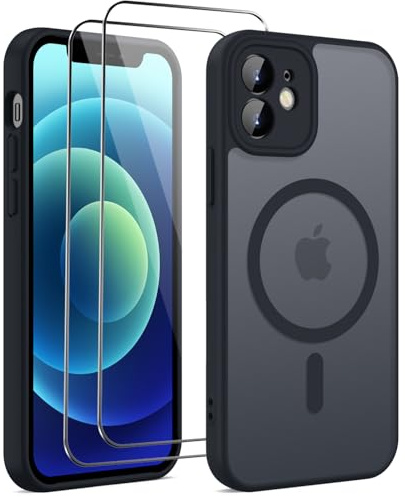 HGH für iPhone 12 Hülle für MagSafe mit 2 Schutzglas, Vollständiger Kameraschutz Stoßfest Kratzfest Anti-Fingerabdruck Transluzente Rückseite Matt Handyhülle für iPhone 12 Case 6,1 Zoll, Matte schwarz
