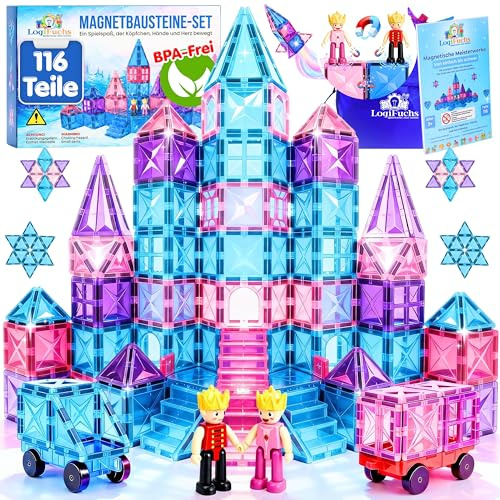 LogiFuchs Magnetische Bausteine 116 Teile inkl. 2 Autos, Montessori Sensorik Spielzeug ab 3 Jahre, Magnetbausteine Lernspielzeug, Geschenk für Jungen & Mädchen