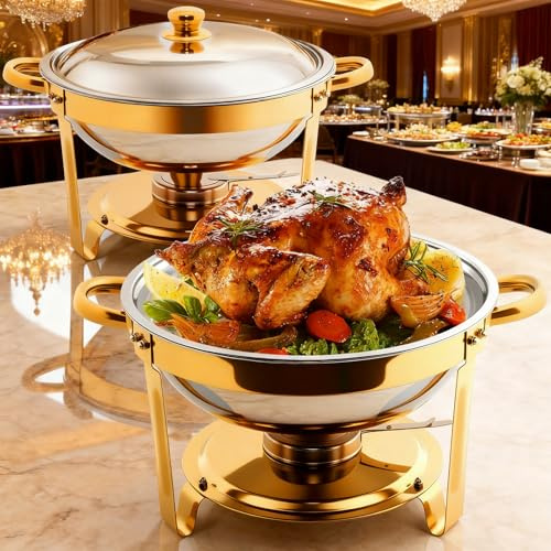 MewVeer Warmhaltebehälter Essen, 2PCS Chafing Dish Buffet mit Deckelhalter, 4.8L Wärmebehälter für Speisen, Runder Buffetwärmer für Feiern, Hochzeiten, Catering Buffet