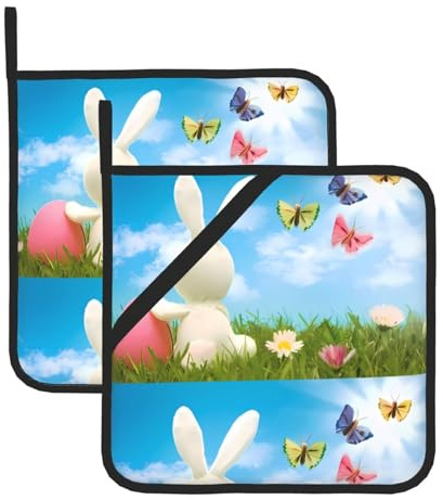 WHJDPP Sottobicchiere quadrato isolato con coniglietto pasquale con uova e farfalle primaverili, 2 pezzi, spesso, resistente, per isolamento termico, per microonde, forno e barbecue all'aperto