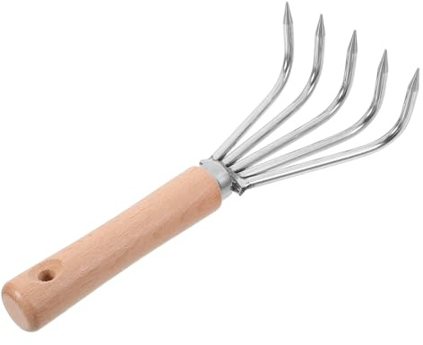 Toddmomy Râteau à Main INOX 5 Dents Manches Bois Court sans Marque ni Label Polyvalent pour Ameublir la Terre et Désherber Acier Inoxydable Solide Jardinage et Culture Outil Jardin Compact