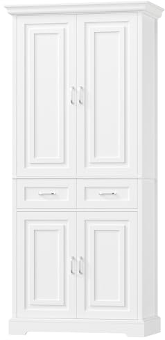 FirFurd 180cm Küchenschrank Hochschrank Mehrzweckschrank Badezimmerschrank Küchenbuffet mit 4 Türen & Schublade, Buffetschrank Küchenschrank hoch für Wohnzimmer Küche Badezimmer 80x40x180,5cm, Weiß