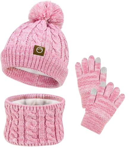 Ensemble 3 en 1 Bonnet Echarpe Gants Enfant Hiver Accessoires D'hiver Chaud Tricoté Chapeau Tricoté Tour de Cou Chaud Avec Doublure Gants Pour Filles 3-10 Ans Rose