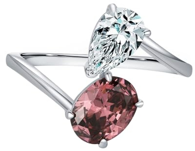 Mesnt Anello di Matrimonio Oro Bianco, Donna Oro Bianco Anello Delicato Intrecciato con Granato Ovale da 6x8 mm e moissanite a Pera