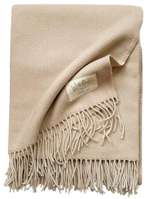 JOWOLLINA X WoolOnly Wolldecke Plaid mit Natur-Fransen 130x180 cm, Herringbone (Natur)