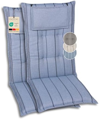 GO-DE Textil Bequeme und attraktive Polsterauflagen für Hochlehner-Gartenstühle (2er-Set, Stripes Exclusive blau, Hochlehner)