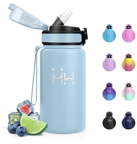 Botella Termica 500ml, Botella Agua Acero Inoxidable con Pajita, Termo sin BPA, a Prueba de Fugas, Fácil de Abrir, Doble Pared al Vacío, Cantimplora Termica para Colegio, Escuela, Excursiones