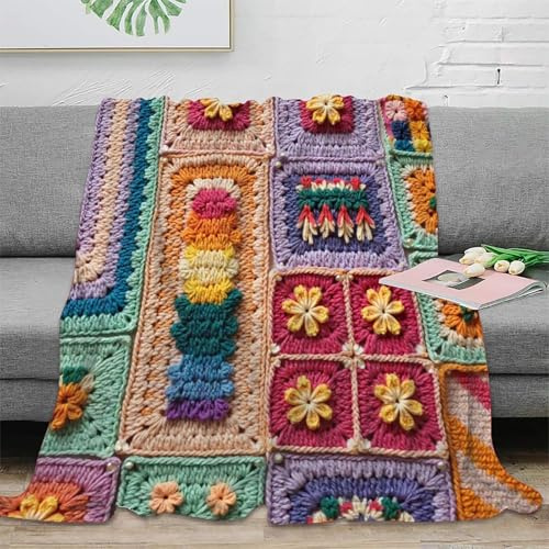 3D Printed crochet squares Couch Blanket Microfiber Warm Soft Bedding Lightweight handmade textile patterns Cozy Throw Blanket Luxurious Gift for Wedding Anniversary Newlyweds 40x50inch(100x130cm)