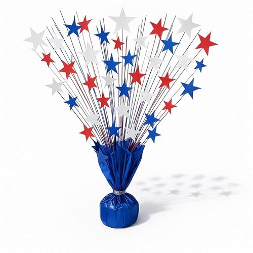 PMU 3 Pcs Memorial Day Decorations Patriotic Bursting Star Metallic Foil Spray Centerpiece Prismatic Red White & Blue Patriotic Balloon Weights w/Red Base 4th of July Decorations 15in / 7.34cm