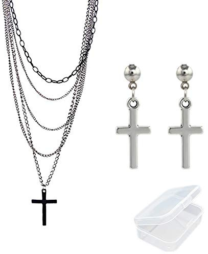 PPX 2 Stück Multi-Layer-Kette Anhänger Schwarzes Kreuz Metall lange Halskette und 1 Paar Kreuz Ohrringe Set für Mann, Frau, mit Aufbewahrungsbox