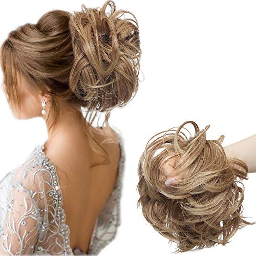 SEGO Große Haarteil Haargummi Extensions Messy Bun Dutt Hochsteckfrisuren Voluminös Haarverlängerung mit Gummiband (80G) Hellbraun & Aschblond