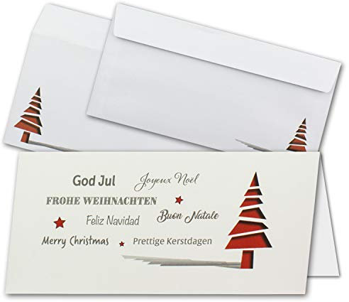 NEUSER PAPIER 15x Weihnachtskarten-Set DIN Lang in Creme mit roten Tannenbäumen und Text - Faltkarten mit passenden Umschlägen DIN Lang - Weihnachtsgrüße für Firmen und Privat