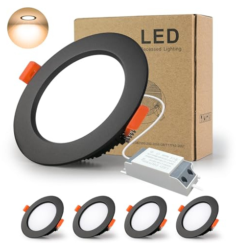 BAGZY Einbaustrahler Schwarz LED Spots ultra flach 18W 230V IP44, 1500 Lumen 4er Set Warmweiß 3000K Ausschnitt 160-170mm,CRI 80,Einbauleuchten Decken Spot,für Schlafzimmer Badezimmer Wohnzimmer