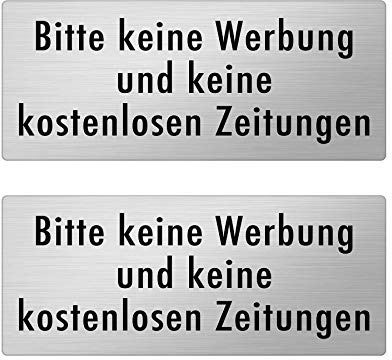 Schild keine Werbung Zeitungen selbstklebend Briefkastenschild 2 Stück | witterungs- und UV-beständig, Premium Acryl, Schild, biegbar, für gewölbte Briefkasten geeignet, hochwertig, Edelstahl Optik