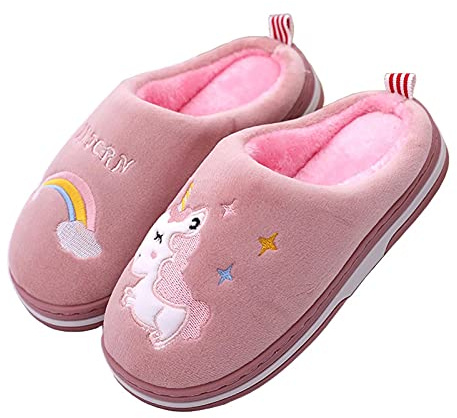 Zapatillas de Estar por casa para Niña Pantuflas Invierno Interior Dormitorio Suave Casa Caliente Zapatos Antideslizantes Peluche de Animales Slippers, Unicornio Rosa Rojo, Talla (27/28 EU=28/29 CN)