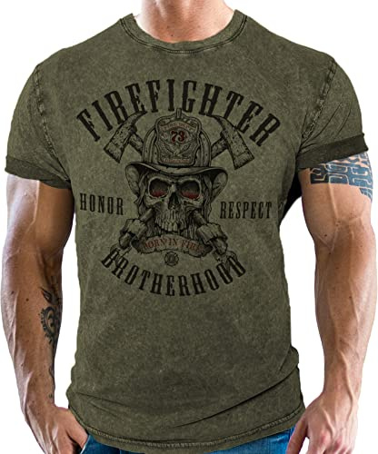 T-Shirt im Used Vintage Retro Look für Männer bei der Feuerwehr - Firefighter Brotherhood