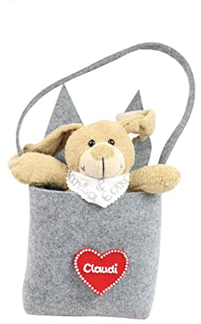 Filztasche grau mit Hasenohren und Hase mit personalisiertem Halstuch - Geschenk zu Ostern mit Name - Osternest aus Filz Ostergeschenk - Filztasche mit Namensherz