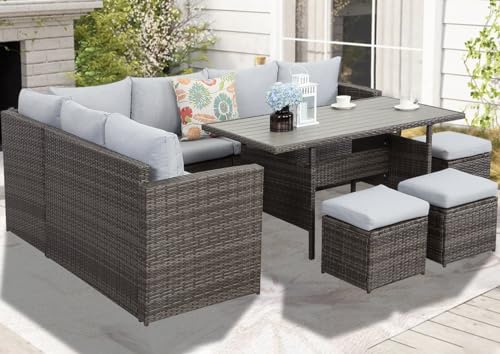 GLP Polyrattan Gartenmöbel Set für bis zu 9 Personen - Outdoor Lounge Essgruppe mit WPC Esstisch, Ecksofa, Hocker, Sessel und Dicke Kissen, Wetterfest (Grau & Hellgrau)