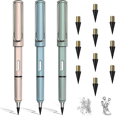 Yomaido Ewiger Bleistift - 3 PCs Metall Tintenlose Bleistifte mit 10 Austauschbarem Graphitstift Kopf, Magic Pencil, Everlasting Pencil Set
