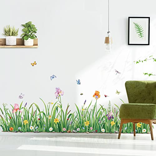 decalmile Green Grass Flower Wall Corner Decals Floral Butterfly Baseboard Skirting Line Wall Stickers Bedroom Living Room Wall Art Decor (Width:162CM)