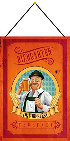 AGDeko® Blechschild 20x30cm Biergarten geöffnet Bayern Maßkrug Bier mit Kordel zum Aufhängen