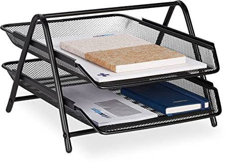 Relaxdays Dokumentenablage, 2 Fächer, Büroablage für A4, HxBxT: 20,5 x 30 x 35,5 cm, Mesh-Metall, Briefablage, schwarz