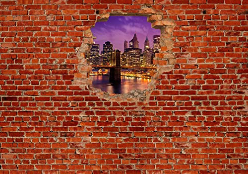 wandmotiv24 Fototapete New York bei Nacht - Roter Backstein, 200 x 140cm - selbstklebende Strukturtapete, Wanddeko, Wandbild, Wandtapete, 3D-Optik, Wandbruch, Stadt M0611