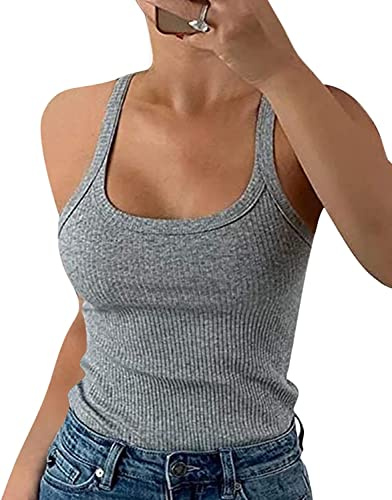GEMBERA Women Spaghetti Strap Scoop Neck Ribbed Tank Tops Slim Fitted Cotton Camisole Basic Sleeveless Layering Shirts(3227 Heather Grey M)