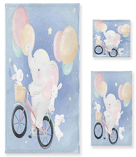 Vnurnrn Dibujos Animados De Globo De Elefante Juego de Toallas para Baño Playa Toalla (1 Toalla de Baño y 1 Toalla de Mano y 1 Paño de Lavado) para Nadar Niñas Niños