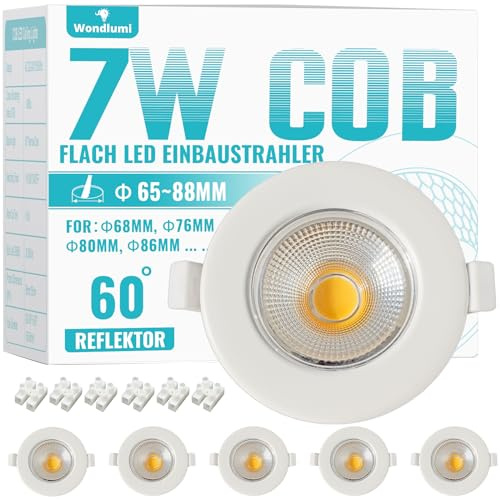 Wondlumi 6er LED Einbaustrahler 230V 7W 4000K IP44 Weiß Ø65-88mm Flach 33mm | LED Spots COB Neutralweiß 600lm 60° Abstrahlwinkel Rund Spots Deckenleuchte für Küche Wohnzimmer Schlafzimmer Bad