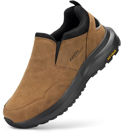 FitVille Men's Extra Wide Walking Shoes Slip On Outdoor Hiking Shoes for Swollen Feet - Explorer V1 X-Wide 11.5 UK Dune Brown
