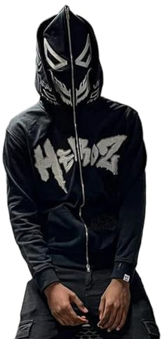 ZENMANCHEN Felpa stile anni 2000 con cappuccio, stampa in rilievo, grafica grunge e zip, giacca stile hip hop/streetwear, Nero grafico., Large