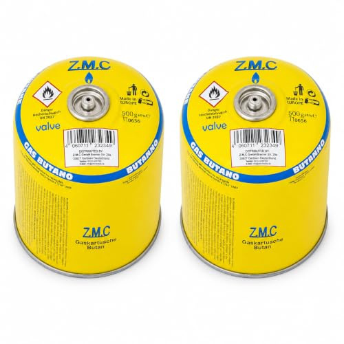 Z.M.C 2X Gaskartusche 500g 990ml Butan Propan Schraubventil EN417 Camping | 7/16 Zoll Eurogewinde | Verschlussautomatik sicher | Brenndauer 5-11 h | wintertauglich