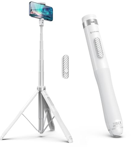 SYNCWIRE 136cm Perche à Selfie avec Télécommande Bluetooth Rechargeable, Selfie Stick en Aluminium Extensible Tout-en-Un avec Rotation à 360°, Perche Selfie Trepied pour iPhone & Android, Blanc