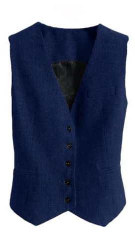 Dvbfufv Gilet de costume pour femme en tweed avec col en V et boutons - Style vintage - Coupe ajustée - Sans manches, bleu marine, M