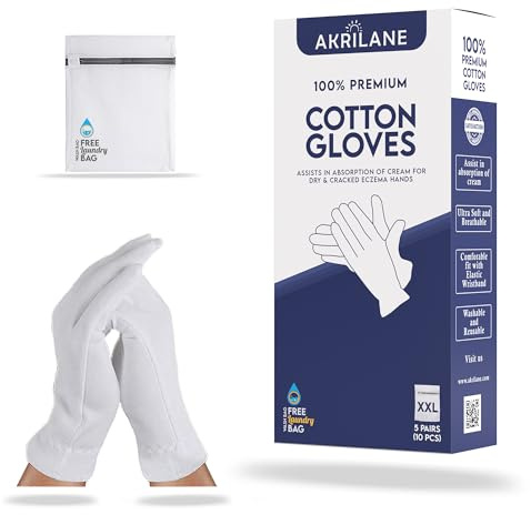 XXL Extra Extra Large 5 Pairs 100% Premium Cotton Gloves for Dry Hands | Moisturizing Overnight Gloves for Eczema, Psoriasis & Skin Spa Treatment for Women & Men | Free Laundry Bag