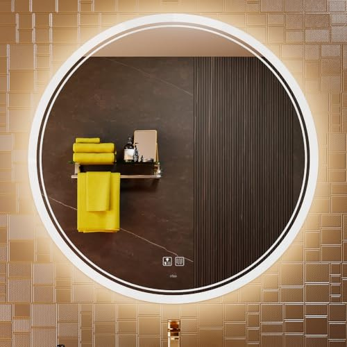 KWW Großer Moderner LED Runder Badezimmer-Eitelkeitsspiegel, Farbtemperatur Einstellbar, Anti-Nebel Dimmbare Lichter, Horizontaler/Vertikaler Wandspiegel (90 x 90 cm)