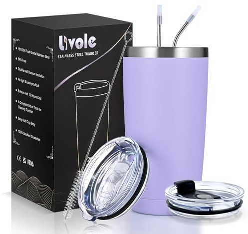 Livole 20oz Travel Mug for Cold Drinks, 600ml Insulated Vacuum Tumbler with Straw and Lid, Double Walled Coffee Cup Travel Mug, Stainless Steel Wine Tumbler for Ice Coffee, Cocktail, Light Purple