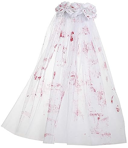 Blutiger Brautschleier mit Rosen, Bloody Schleier Braut Halloween Weiß/Rot Brautschleier Spitze Schleier Vampir Zombie Hexe Cosplay für JGA Junggesellinnenabschied Hochzeit Zubehör Kostüm